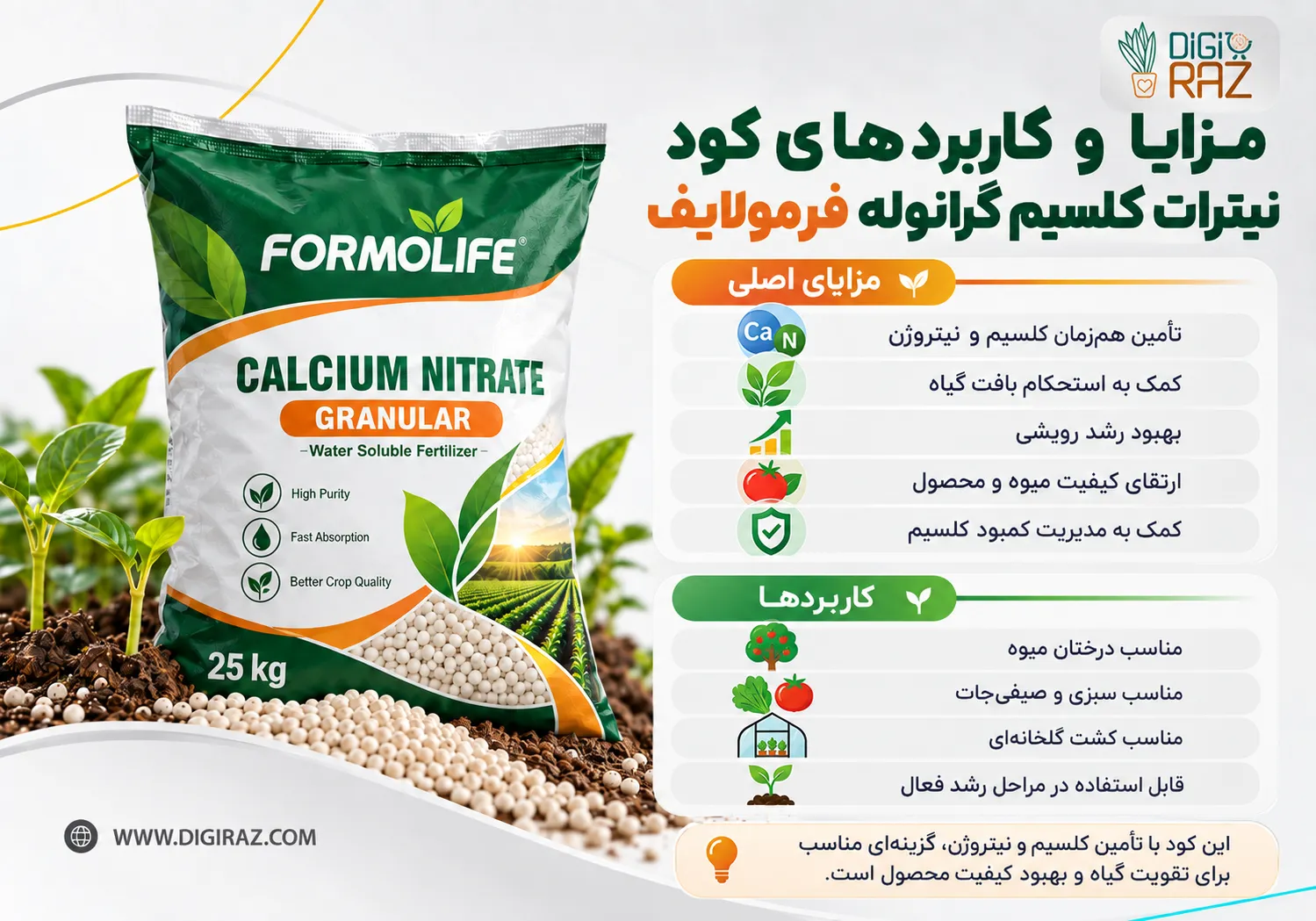 مزایا کود نیترات کلسیم گرانوله فرمولایف 25 کیلویی